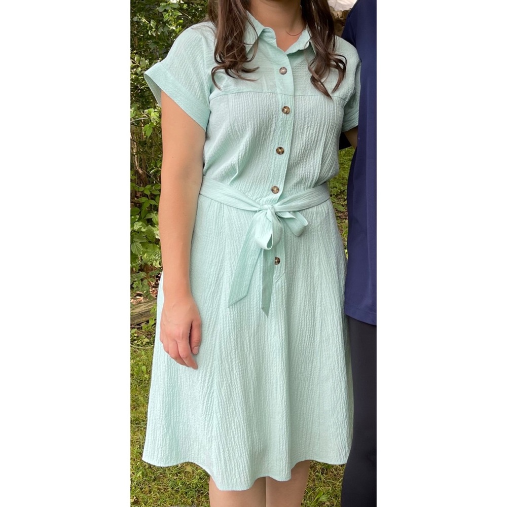 Mint Green Button-Front Shirt Dress with Tie Waist, Size 6